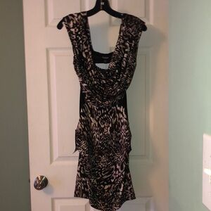 Bebe Dress. Cowl Neck Mesh Side Ruched.